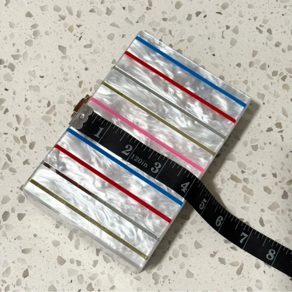 Milly Box Acrylic Clutch Swarovski Crystal Rainbow Stripe Removable Chain